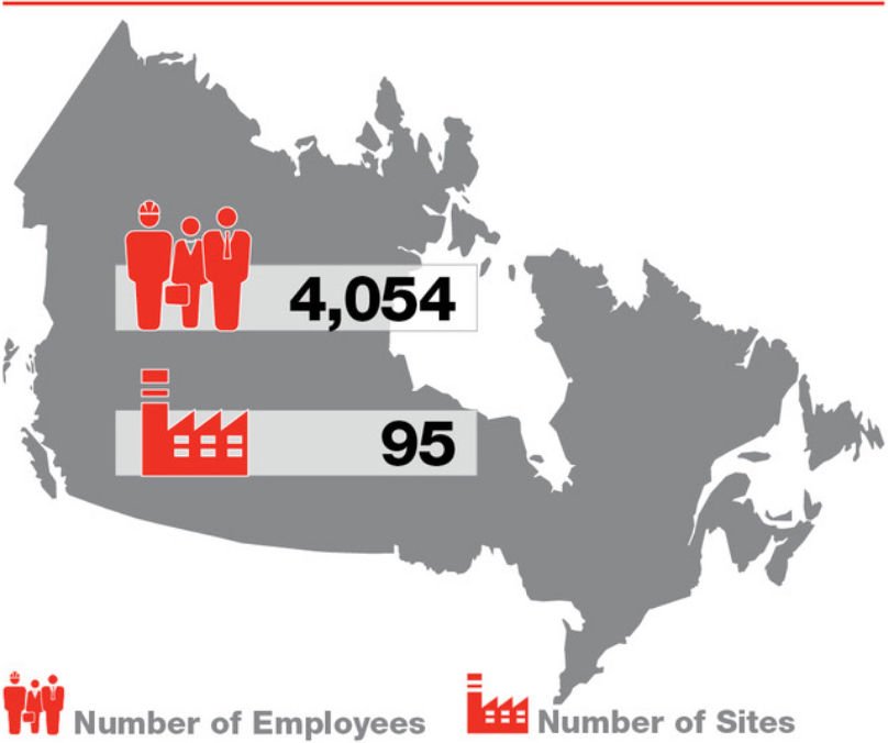 Map of concrete site and employees in Canada